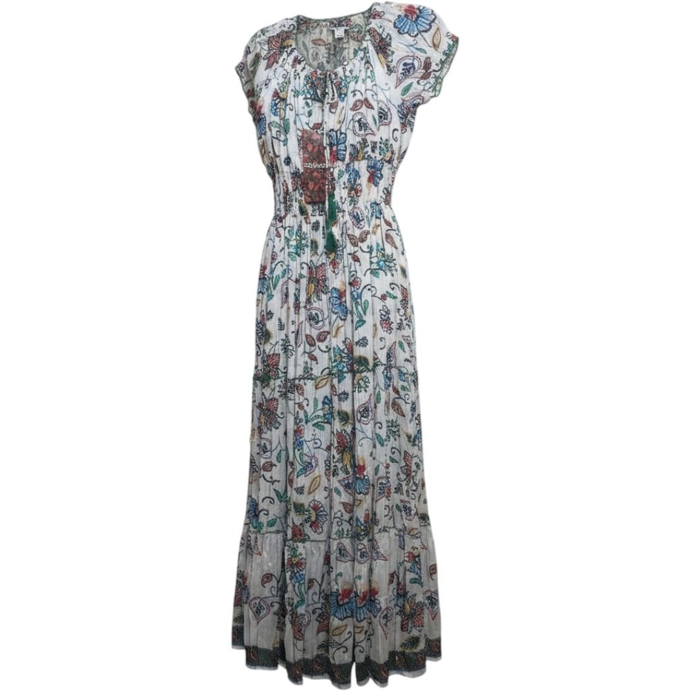 ME 2 Magic Maxi Dress Womens Medium White Excellence Floral Boho Tiered Smocked